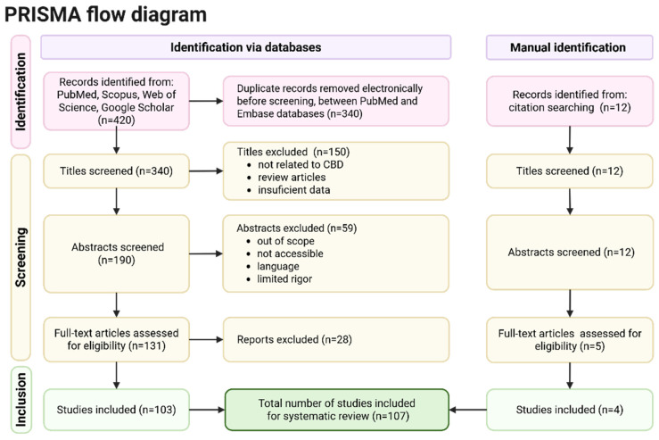 PRISMA flow diagram for study selection. The diagram represents the identification, screening, eligibility assessment, and inclusion of studies. A total of 420 records were identified from databases and 12 from citation searching. After removing duplicates and applying screening and eligibility criteria, 107 studies were included in the final systematic review. Created in BioRender. Bialon, M. (2026) https://BioRender.com/0iypn4x.