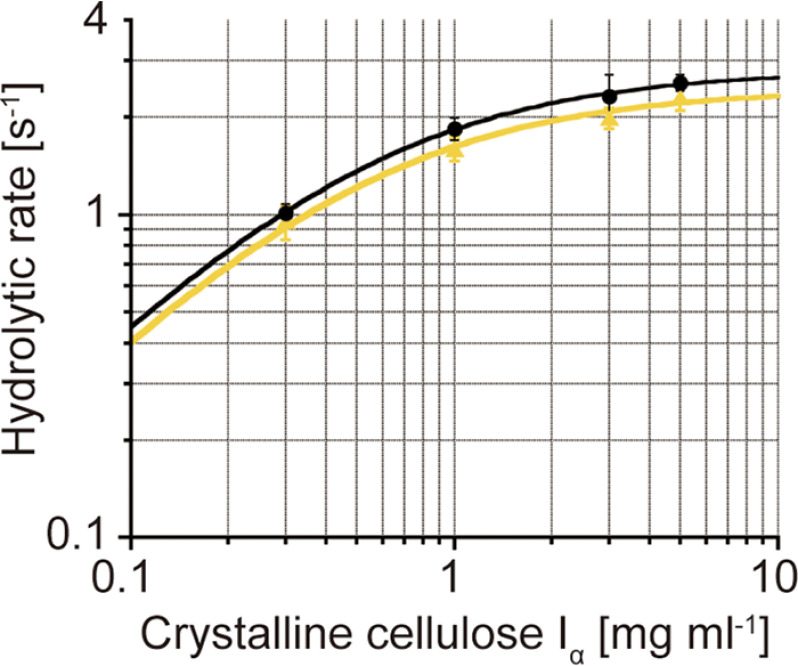 Michaelis–Menten plots of CfCel6B WT and Intact. Hydrolytic rates of WT (black circles) and Intact (yellow triangles) at various crystalline cellulose concentrations (0.3, 1.0, 3.0, and 5.0 mg ml−1) were fitted by Michaelis–Menten equations. The values of Km for WT and Intact were 0.52 and 0.51 mg ml−1, respectively. The values of kcat for WT and Intact were 2.8 and 2.4 s−1, respectively. R2 values of the fitting for WT and Intact were 0.98 and 0.99, respectively. Enzyme concentration was 100 nM.