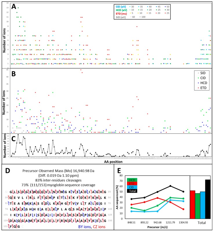 Summary of the number of matching ions in Prosight Lite program achieved for myoglobin. (A) Depicting the number of matched ions for every MS/MS parameter tested summed across all five charge states listed in Table 1; (B) summed by MS/MS mode along myoglobin amino acid (AA) sequence; (C) summed globally across all the data obtained for myoglobin along its AA sequence; (D) global AA sequence coverage when all MS/MS data are considered; (E) percentage of sequence coverage achieved for each of the five myoglobin charge states.