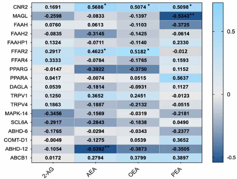 Heat map indication positive (light blue) and negative (dark blue) associations of ECs with gene expression levels of specific EC and SCFA receptor proteins. (*p < .05)