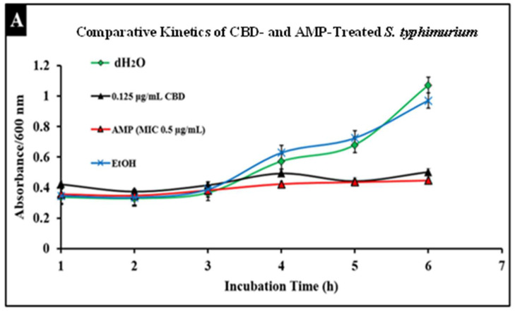Comparative efficacy of CBD and antibiotic treatment of Salmonella typhimurium (A) and Salmonella newington (B). Salmonella cells were cultured overnight and then treated with either CBD or ampicillin. OD600 was measured hourly over a 6 h time period to observe bacterial growth following treatment.
