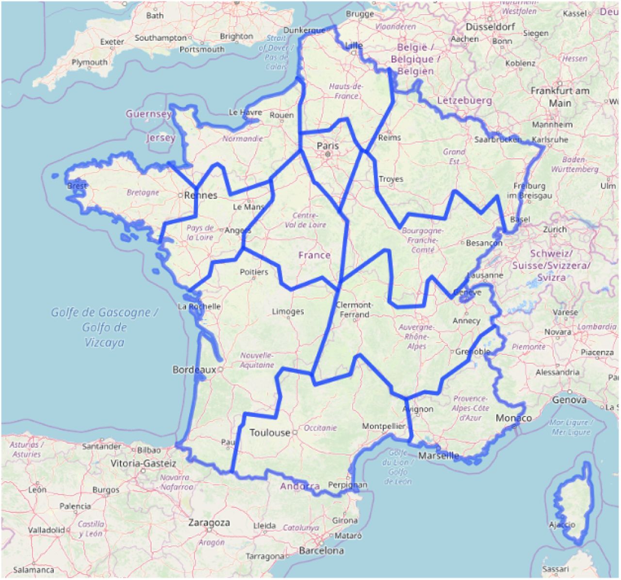 Map of France divided into its 13 Regional catchment areas.