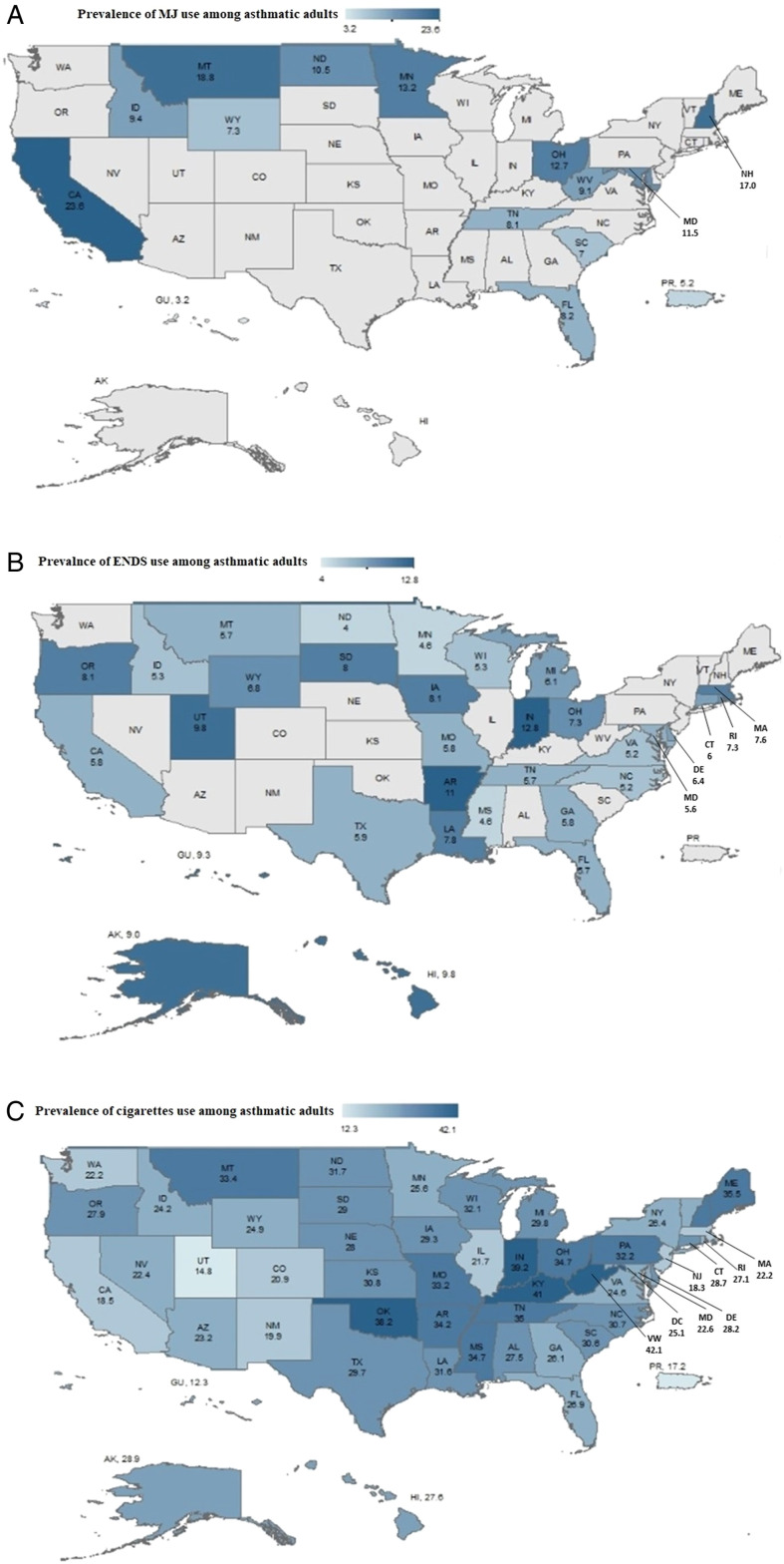 Maps show the percentage of current MJ use (panel A), ENDS use (panel B), and cigarette use (panel C) among adults with current asthma. Note: All states participated in the cigarette module in the 2018 BRFSS survey. Only 31 and 13 states participated in ENDS and MJ use modules, respectively. Data were not available for states indicated in gray.