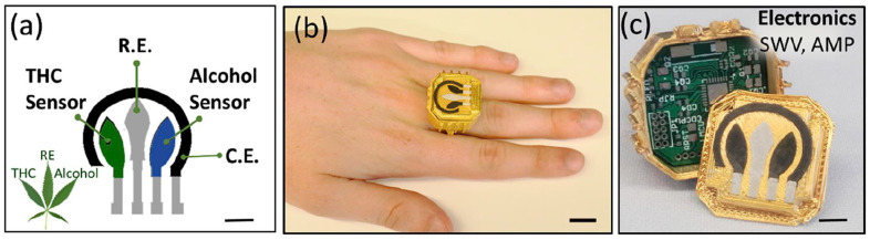 (a): The leaf-like sensor configuration, including dual working electrodes with the same counter electrode (C.E.) and reference electrode (R.E.). (b): Wearable electrochemical ring sensor. (c): The case, electronic board, and sensing system. Reprinted and adapted from ref. [45]. Copyright 2020 Elsevier.