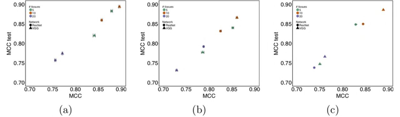 Comparison of DAPPER cross-validation (MCC) vs external validation (MCC Test) performance for each classifier.(a) FCH; (b) SVM; (c) RF.