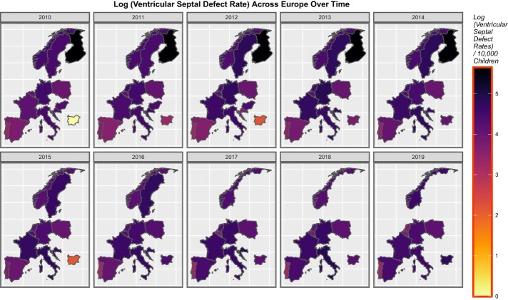 Sequential map-graphs of log (rates of VSD) across selected European countries over time, 2010–2019