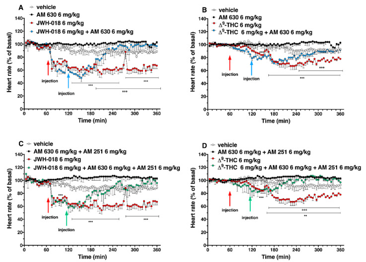 Interaction of JWH-018 (6 mg/kg i.p, panel (A)) and ∆9-THC (6 mg/kg i.p, panel (B)) with the selective CB2 receptor antagonist AM 630 (6 mg/kg, i.p.) on heart rate. Interaction of JWH-018 (6 mg/kg i.p, panel (C)) and ∆9-THC (6 mg/kg i.p, panel (D)) with the administration of the mixture of selective CB1 (AM 251; 6 mg/kg, i.p.) and CB2 (AM 630; 6 mg/kg, i.p.) receptor antagonists on heart rate. Data are expressed as percentage of basal values in the form MEAN ± SEM of 8 different evaluations for each group. Statistical analysis was performed by two-way ANOVA, followed by Bonferroni’s test for multiple comparisons. ** p < 0.01 *** p < 0.001 versus vehicle and +++ p < 0.001 versus AM 630 + agonists or AM 630 and AM 251 + agonists.
