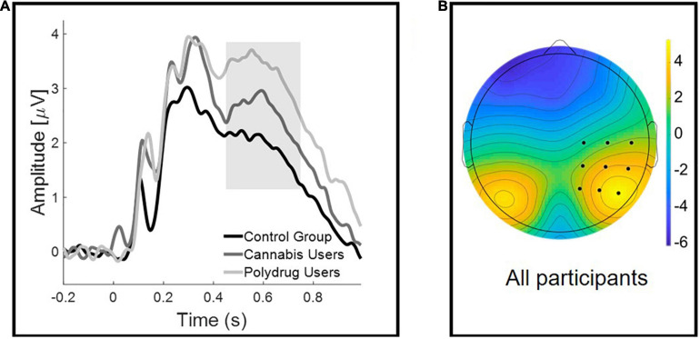 Group differences in the Late Positive Component (LPC). (A) Grand-averaged waveforms at a representative right centro-occipital cluster for correctly recognized images. The shaded area represents the late (450–750 ms) time window used for the analyses. (B) Scalp topographies of the mean activity in 450–750 ms time window.