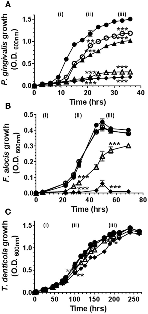 High doses of cannabidiol suppress the growth of (A) P. gingivalis and (B) F. alocis but not (C) T. denticola. P. gingivalis, F. alocis, and T. denticola were each cultured under anaerobic conditions in the presence or absence of CBD, at the doses noted below, and growth monitored by densitometry. CBN and THC exhibited similar anti-bacterial activities (data not shown). Data represent the mean ± SEM of three biological replicates. ●, ○, ▲, Δ, and ♦ represent 0.0, 0.1, 1.0, 5.0, and 10.0 μg/ml CBD, respectively. */**/***p ≤ 0.5/0.01/0.001 respectively, as determined by ANOVA at early-, mid-, and late-log growth phases.