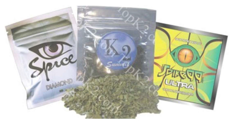 Examples of synthetic cannabimimetic-containing herbal formulations and packaging.