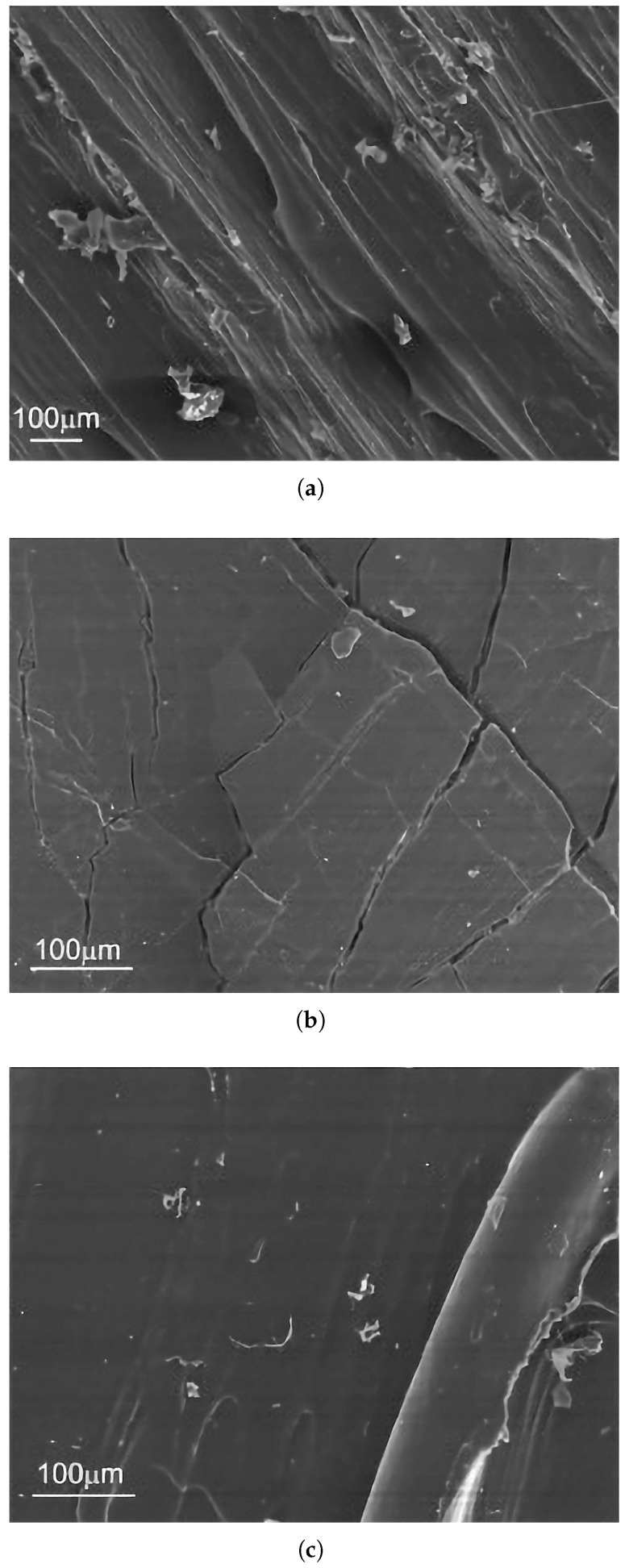 SEM micrographs showing the severe and distinct impact of different aging mechanisms on FFF-printed ABS: (a) reference sample; (b) after 500 h of UV ageing; (c) after 500 h of temperature ageing. The images demonstrate a critical technical conclusion: photodegradation (b) causes a dense network of surface micro-cracks, leading to catastrophic brittleness, whereas thermal ageing (c) (which causes discoloration) leaves the surface morphology intact. This allows for a clear diagnostic distinction between failure modes [2].
