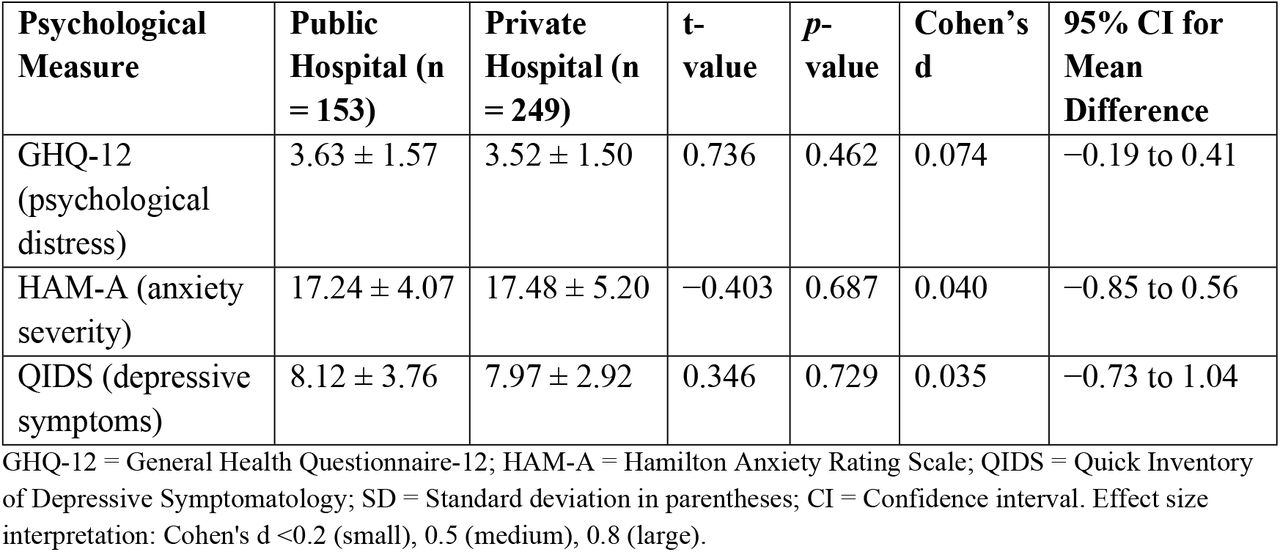 Psychological Outcomes by Hospital Type (n=402).