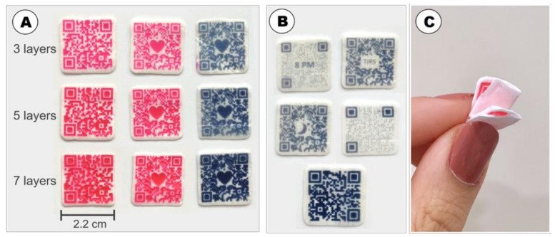 Photographs of (A) inkjet-printed DEEP, using solid foams as substrate with three, five and seven subsequently imprinted layers, where the ink contained either red or blue coloring agents; (B) inkjet-printed DEEP with different patterns (original and dots), incorporated images (moon and text; TIRS = Tuesday), and sizes (2 × 2 cm2 and 2.2 × 2.2 cm2) (top four DEEP are imprinted with 3 layers and bottom DEEP is imprinted with 7 layers). (C) Flexibility of an inkjet-printed DEEP.