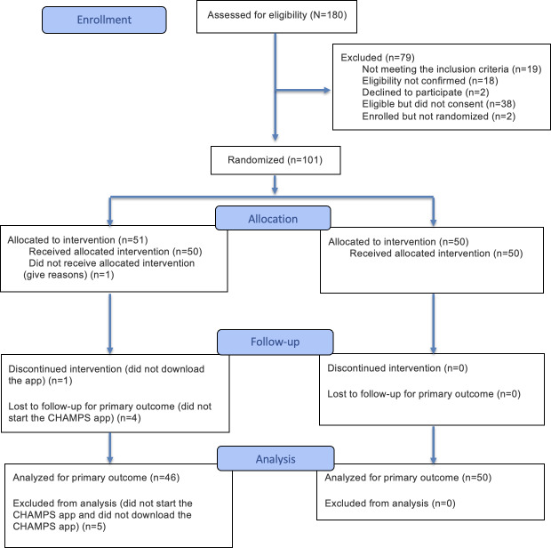 CONSORT (Consolidated Standards of Reporting Trials) flowchart of the CHAMPS pilot study (n=96). CHAMPS: Cannabis Harm-Reducing App to Manage Practices Safely.