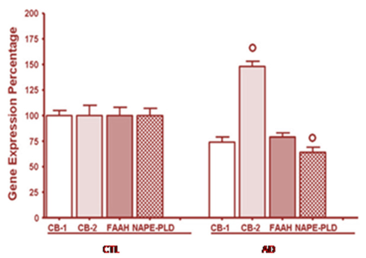 Over-expression of the CB2 receptor gene, but not of the cannabinoid receptor 1 (CB1) andfatty acid amide hydrolase (FAAH) enzyme, and down-expression ofthe NAPE-PLD gene in peripheral blood mononuclear cells of autistic children. CTL healthy control subjects, AD autistic patients. Reprinted from [7], with permission from Springer (license #5034221089815).