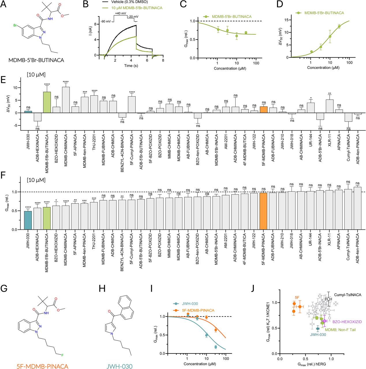 Some tested SCRAs inhibit also KV7.1/KCNE1.(A) Chemical structure of MDMB-5’Br-BUTINACA. (B) Representative effect of MDMB-5’Br-BUTINACA on KV7.1/KCNE1 using the pulse protocol shown as insert. (C-D) Concentration-response relationship for the rel. Gmax (C) or V50 (D) effect of MDMB-5’Br-BUTINACA on KV7.1/KCNE1. n = 4-5. (E-F) Average effect of 10 µM of the indicated SCRAs on V50 (E) and Gmax (F) of KV7.1/KCNE1. n = 4-9. Statistics denote adjusted p-values for comparisons to vehicle: p < 0.05 (*), p < 0.01 (**), p < 0.001 (***), p < 0.0001 (****). (G-I) Chemical structure of 5F-MDMB-PINACA (G) and JWH-030 (H) with concentration-response relationship for their rel. Gmax effects on KV7.1/KCNE1. (I). n = 6. (J) Comparison of GMAX response of KV7.1/KCNE1 (y-axis) and hERG (x-axis) induced by SCRAs at 10 µM. Specific SCRAs are highlighted as indicated in the figure. Three SCRAs with 5F-pentyl tails (5F-MDMB-PINACA, 5F-BZO-POXIZID, AM-2201) are indicated in orange. Three SCRAs with MDMB heads and non-fluorinated tails (MDMB-5’Br-BUTINACA, MDMB-4en-PINACA, MDMB-CHMINACA) are indicated in green. Note that SCRAs marked in grey were either non-inhibitors of hERG or had an anticipated IC50 exceeding 50 µM. All average data are shown as mean ± SEM. Small error bars are covered by symbols. Best fits and n as in SI Table II.