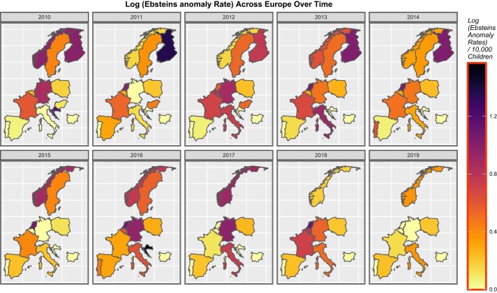 Sequential map-graphs of log (rates of Ebsteins anomaly) across selected European countries over time, 2010–2019
