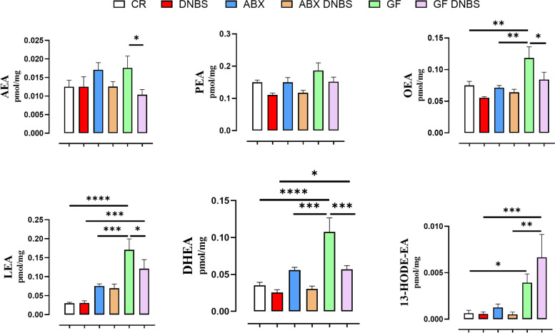 NAE, and 12-lipoxygenase NAE derivative, levels in colon tissue from conventionally raised (CR), antibiotic- treated (ABX) and germ-free (GF) mice in healthy condition or under DNBS-induced inflammation. DNBS was rectally injected into the mouse colon at the dose of 120 mg/kg; ABX mice received an antibiotic cocktail (ampicillin, streptomycin and clindamycin 1 mg/mL each) starting 14 days before DNBS administration and for the whole length of the experiment. Mice were killed three days after DNBS administration. Data are expressed as mean ± SEM of pmol/mg of tissue from 6–8 mice for each experimental group. Data were statistically analyzed using two-way ANOVA followed by the Fisher’s LSD test. *p < 0.05, **p < 0.01, ***p < 0.001 and ****p < 0.0001