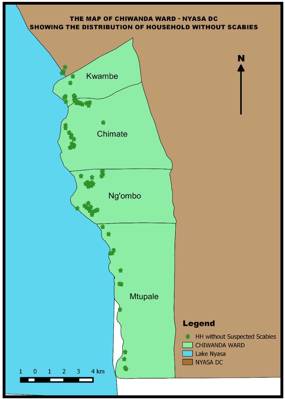 Spatial distribution of households without suspected scabies during the 2022 outbreak in Chiwanda Ward, Nyasa District. Green points represent households reporting no scabies symptoms in any household member (n=78; 39.4%). The map illustrates the geographic distribution of unaffected households across the four study villages, with relatively even dispersion across Kwambe and Ngombo villages. The blue area represents Lake Nyasa. The scale bar indicates 0-4 kilometers.