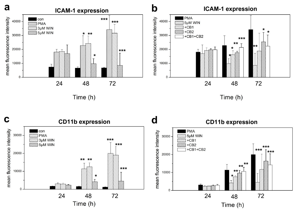 FACS analysis of ICAM-1 and CD11b expression in PMA-induced U937 cells co-incubated with WIN55212-2. Differentiation of U937 cells was induced by 25 nM PMA with or without co-incubation with 3 μM or 5 μM WIN55212-2 with or without 2 μM AM251 (CB1 inhibition) and/or 2 μM AM630 (CB2 inhibition). ICAM-1 (figure 10ab) and CD11b (figure 10cd) expression were measured according to the manufacturer's protocols by flow cytometry.