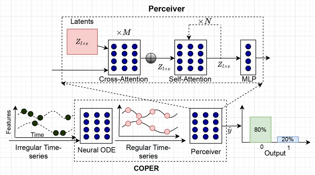 Architecture of COPER: An embedding of the irregular time-series is passed through the NODE, which captures the patient dynamics from the observed time-steps, and is used to generate a regular time-series. The generated regular time-series is then fed to the Perceiver model which first squeezes the long sequence of T time-steps to a l < T latents using the cross-attention and then followed by self-attention operations.