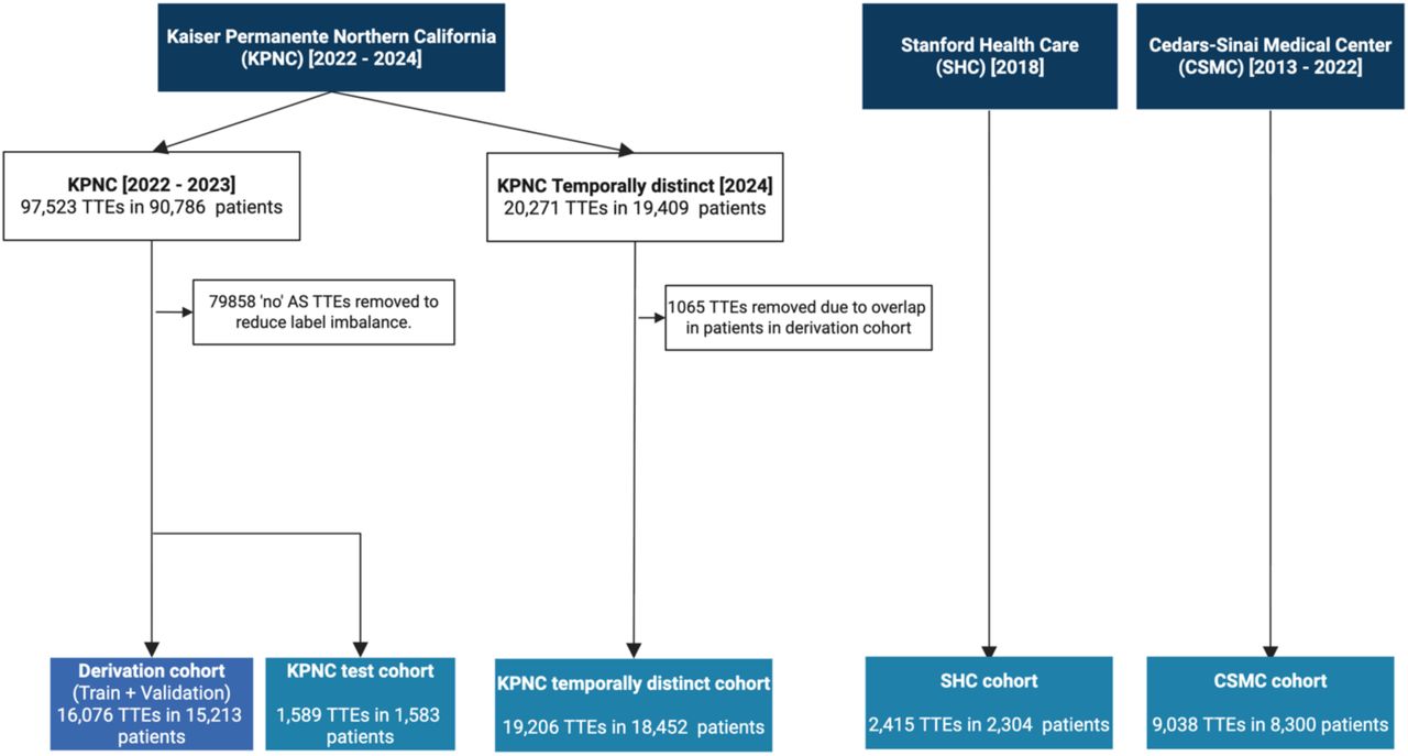 Data flowchartThe construction of the study cohorts from echocardiographic databases from three different medical centers: Kaiser Permanente Northern California (KPNC), Stanford Health Care (SHC), and Cedars-Sinai Medical Center (CSMC). From the KPNC database, 97,523 TTEs from 90,786 patients (2022–2023) were filtered to form a balanced cohort of 17,665 TTEs in 16,796 patients by removing 79,858 “none or trace“ AS severity studies. This cohort was split into a derivation dataset (16,076 TTEs for traing and validation data) and an internal test cohort (1,589 TTEs), ensuring no patient overlap between the subsets. Separately, 20,271 TTEs from 2024 were obtained, and after excluding 1,065 overlapping patients’ TTEs with the derivation cohort, 19,206 TTEs from 18,452 patients were used as the temporally distinct test cohort. From the Stanford and Cedars-Sinai databases, external validation cohorts were formed with 2,415 TTEs from 2,304 patients and 9,038 TTEs from 8,300 patients, respectively. Created in https://BioRender.com