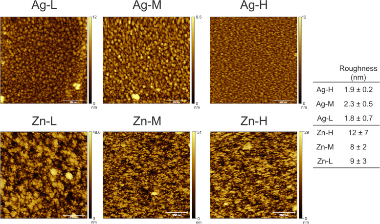 AFM images and roughness values of Ag and Zn coatings deposited at the low (L), medium (M), and high (H) concentrations. The scalebar is set to 250 nm