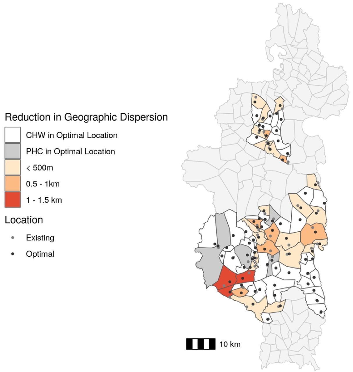 The majority of existing CHW sites are located near the optimal location.Absolute change in CHW geographic dispersion based on optimal CHW site location compared to existing CHW site location. The fill color represents the reduction in geographic dispersion and points represent existing site locations (gray) and optimal site locations (black). CHW: community health worker, PHC: primary health center. Data Sources: MMoPH (administrative boundaries), Pivot (health center locations), OpenStreetMap (transportation routes, buildings). All maps have been created from spatial datasets using the R programming language.