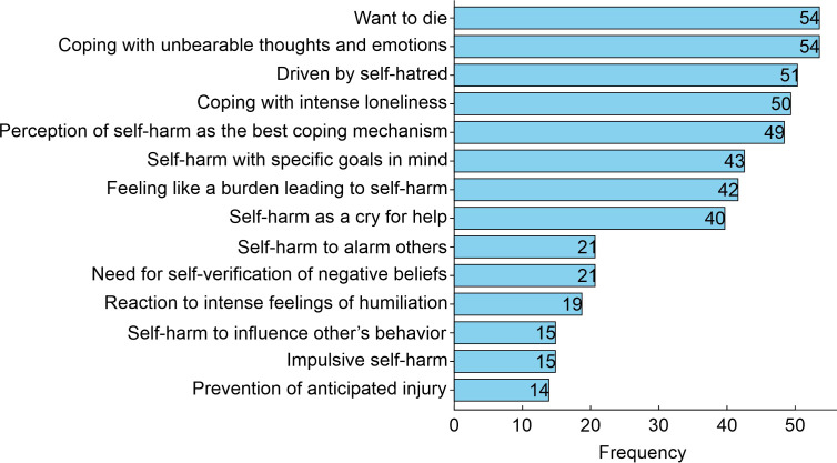 Causes and motivations leading to self-harm behavior in the study population. The graph reflects the reported motivations for self-harm among the surveyed students with suicidal behavior (n = 185). The frequency indicates the number of medical students citing each cause.