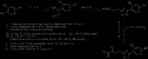 Synthesis of N-aryl-((hetero)aromatic)-oxadiazolyl-propionamides.