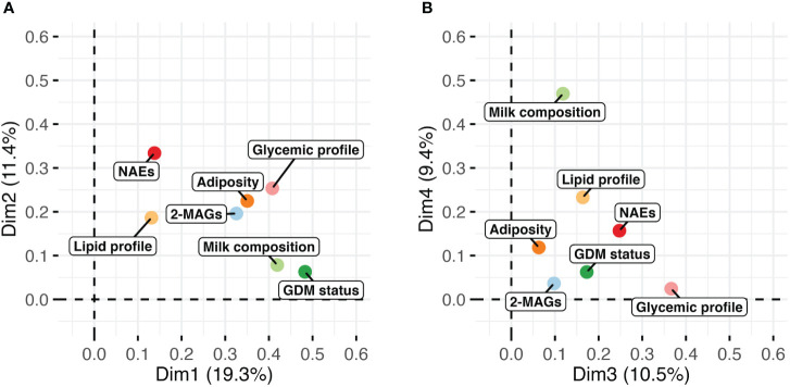 Visualization of the multiple factor analysis (MFA) modeling the milk endocannabinoidome with variables of adiposity (fat mass, visceral adipose tissue), glycemic (insulin, glycemia, HOMA-IR) and lipid (triglycerides) profile, milk composition (protein, lactose, triglycerides) and GDM status. Graph of factors contribution to (A) dimensions 1 and 2, and of (B) dimensions 3 and 4 of the MFA model.