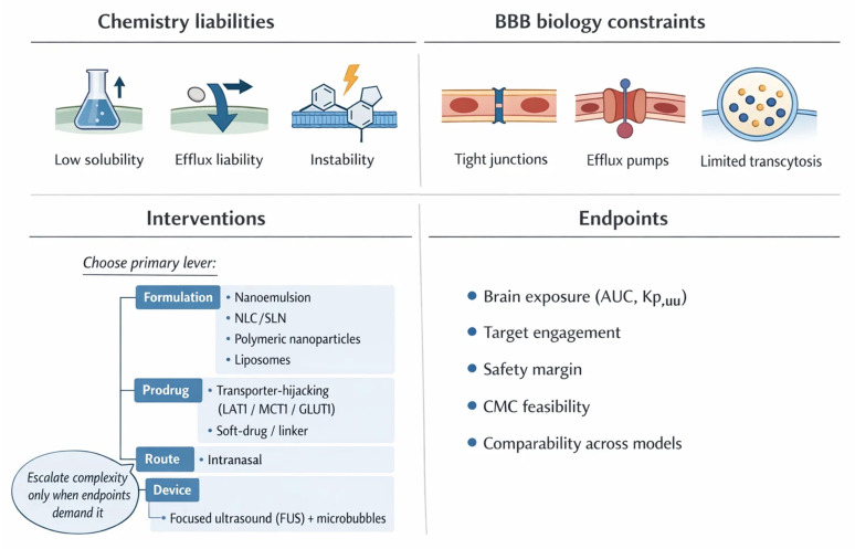 Decision tree for selecting CNS delivery strategies by payload liabilities and clinical context. The schematic provides a pragmatic decision tree to match a CNS payload to the most efficient delivery strategy. The workflow begins with dominant liabilities: (i) solubility/dissolution limitation, (ii) efflux liability (e.g., P-gp/BCRP/MRPs), and (iii) chemical or metabolic instability. Solubility-driven failure routes first to formulation solutions (solubilizing vehicles, lipid systems, polymeric nanoparticles, mucoadhesive/intranasal formats when appropriate). Predominant efflux liability routes to prodrug design (efflux-evading promoieties or transporter-hijacking approaches such as GLUT1/LAT1/MCT1) and/or carrier shielding/targeting (stealth/corona control; RMT ligands such as TfR/LRP1). Instability-driven failure routes to protective encapsulation or stability-optimized prodrugs with controlled release. Clinical context modifiers (need for rapid onset, diffuse vs. focal pathology, and tolerability constraints) direct selection of route (e.g., intranasal bypass) or focused ultrasound (FUS) + microbubbles for localized BBB modulation. Each terminal node specifies decision-grade endpoints: brain exposure (AUC, Kp,brain, Kp,uu), target engagement, safety margin, and CMC scalability. AUC, area under the curve; BBB, blood–brain barrier; BCRP, breast cancer resistance protein; CMC, chemistry, manufacturing, and controls; CNS, central nervous system; FUS, focused ultrasound; GLUT1, glucose transporter 1; Kp,brain, brain-to-plasma partition coefficient; Kp,uu, unbound brain-to-plasma partition coefficient; LAT1, L-type amino acid transporter 1; MCT1, monocarboxylate transporter 1; MRPs, multidrug resistance-associated proteins; P-gp, P-glycoprotein; RMT, receptor-mediated transcytosis; TfR, transferrin receptor; LRP1, low-density lipoprotein receptor-related protein 1.