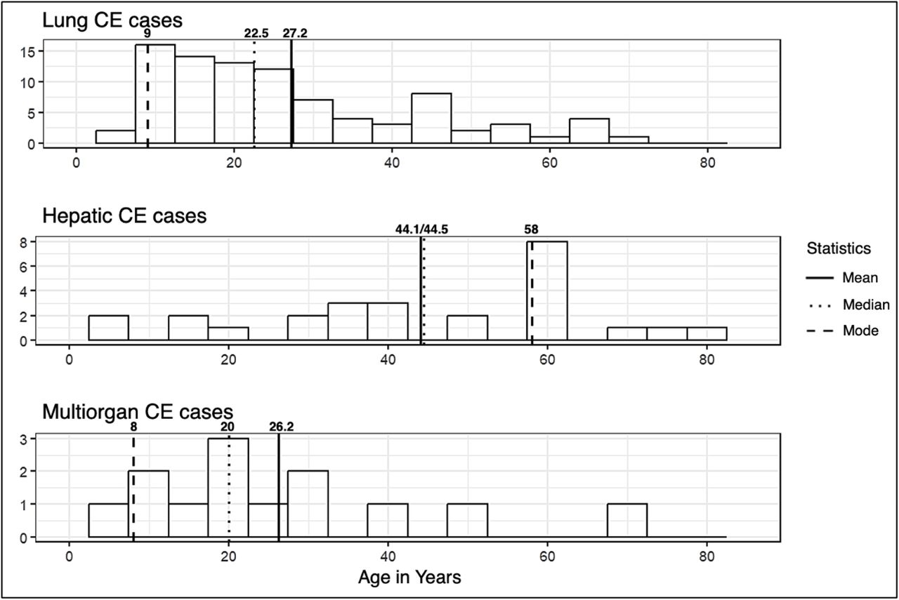 Age distribution of CE cases in Arequipa, Peru, from 2011 to 2013 according to cyst location.There was a higher concentration of cases in Arequipa, particularly in the Arequipa province, with the highest recorded cases (21–25) (Fig. 3). Puno and Cusco followed, with several provinces showing moderate case numbers (6–20) (Fig. 3).