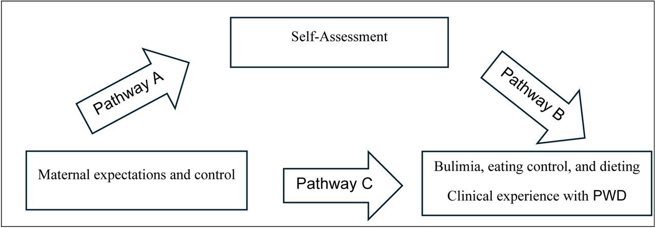 Mediation framework – assessment of the mediation of the self-assessment on the association between maternal expectations and control and bulimia, eating control, and dieting