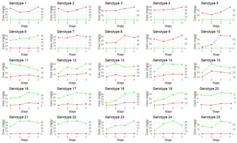 The THCA and CBDA concentrations of each plant over the four amber stages. Red = THCA concentration (mg/g); green = CBDA concentration (mg/g).