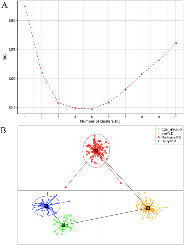 Discriminant analysis of principal components (DAPC) results. (A) The optimal number of clusters (K) as determined by ‘k-means’. The graph shows a clear decrease of BIC until k = 4 clusters to be the most likely value of K, after which BIC increases. (B) Scatterplot based on the DAPC output for four assigned genetic clusters, each indicated by different colours. Dots represent different individuals.
