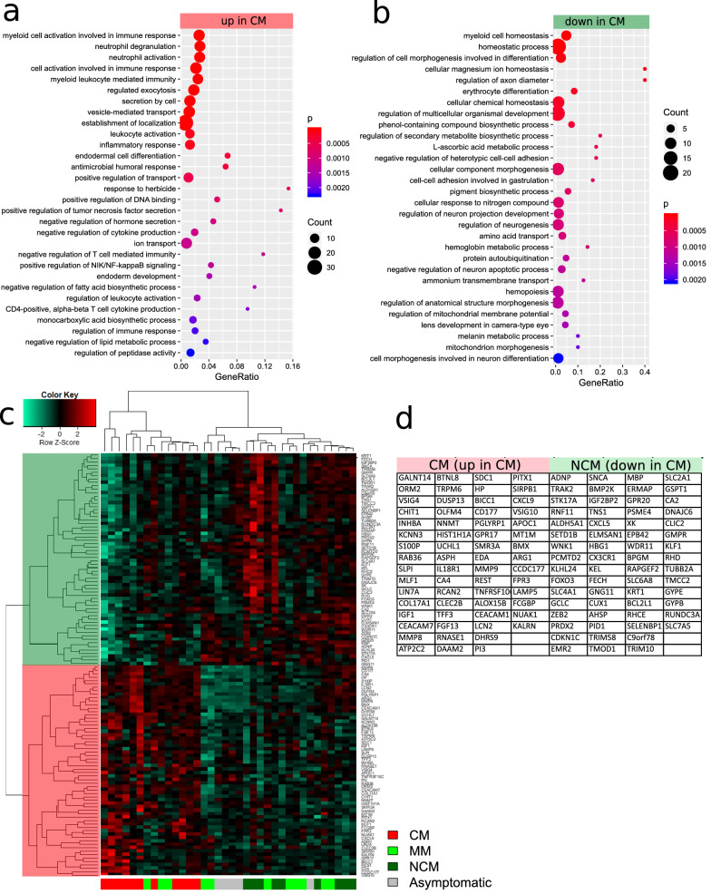 Differential expression analysis between CM and NCM reveals NF-kappaB signalling, immune response, response to herbicide and neutrophil activation amongst GO terms overrepresented in up-regulated genes whereas myeloid cell homeostasis, regulation of axon diameter, haemopoiesis were amongst GO terms highly expressed in downregulated genes. a Most significant GO terms elevated in genes up-regulated between CM and NCM. b Most significant GO terms elevated in genes down-regulated between CM and NCM. c Hierarchical cluster analysis and heatmap of genes up-regulated (ratio > 2, p < 0.05) and down-regulated (ratio < 0.5, p < 0.05) between CM and NCM. The cluster of genes up-regulated in CM is marked with red shading, the cluster of down-regulated genes with green shading. The genes associated with both clusters are listed in d. IL18R1 among the up-regulated genes is indicative of the involvement of IL18-signalling