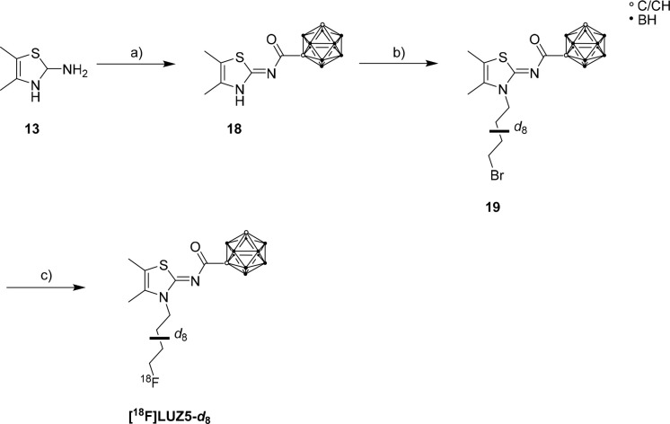 Synthesis of Brominated Precursor 19 and Radiofluorination with K[18F]F-K2.2.2. to Give [18F]LUZ5-d8Reagents and conditions: (a) C2B10H11-COCl (8m), NEt3, CH3CN, 16 h, 80 °C, 26%; (b) NaH, 1,4-dibromobutane-d8, DMF, 21 h, rt, 20%; (c) K[18F]F-K2.2.2., K2CO3, CH3CN, 90 °C, 10 min, 5–8% radiochemical yield.