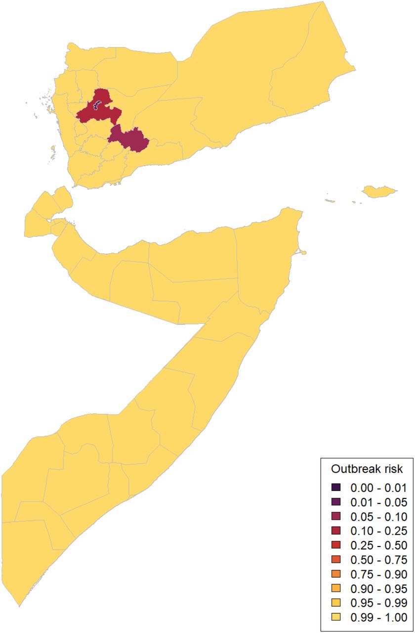 Maps of outbreak risk in first-level subnational administrative regions in Djibouti, Somalia and Yemen in 2023 as calculated by testing whether an outbreak propagates given the underlying estimates of sylvatic spillover force of infection and basic reproduction number from [4].