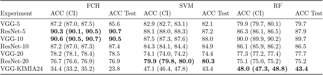 DAPPER results for each deep learning backbone and classifier head pair on HINT datasets and KIMIA24: average cross-validation accuracy with 95% Confidence Intervals (CI) and accuracy on test set.