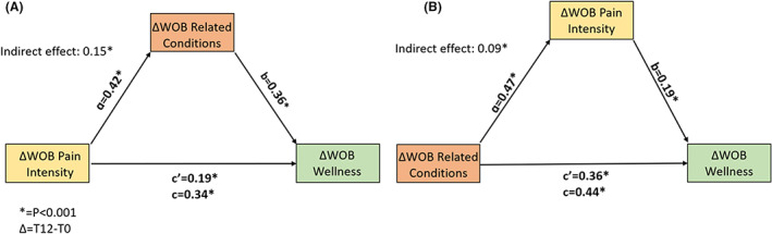 Mediation analyses. Model A: Δpain intensity (independent), Δrelated conditions (mediator) Δwellness (dependent). Model B: Δrelated conditions (independent), Δpain intensity (mediator) Δwellness (dependent) Δ = T 12–T 0; *p < 0.001.