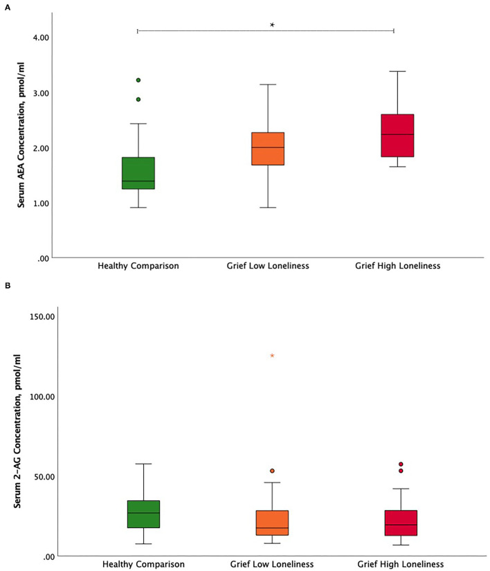 Circulating endocannabinoid concentration differences between high and low lonely grief and healthy comparison groups. Illustration of serum (A) AEA and (B) 2-AG group differences. In the boxplot, data indicated by circles and asterisks were outlier and extreme outliers, respectively. The asterisk depicts the significant finding. AEA, N-arachidonoylethanolamine or anandamide; 2-AG, 2-arachidonoylglycerol.