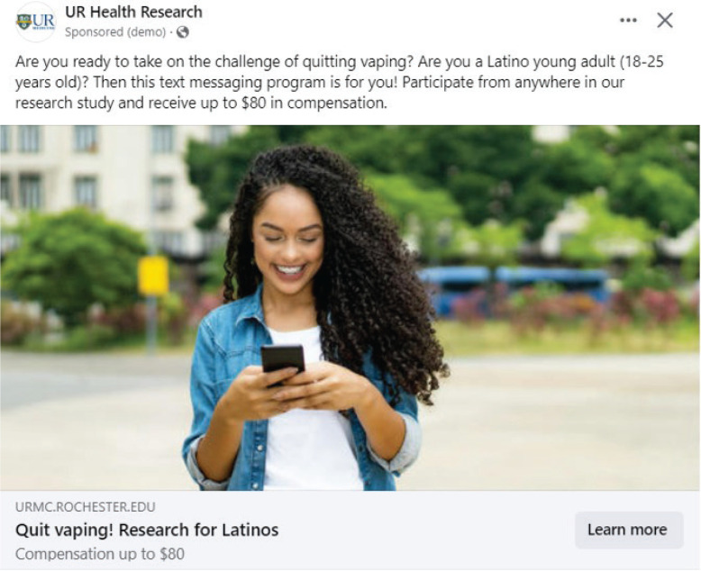 Advertisement inviting Latino young adults to join the vaping cessation study