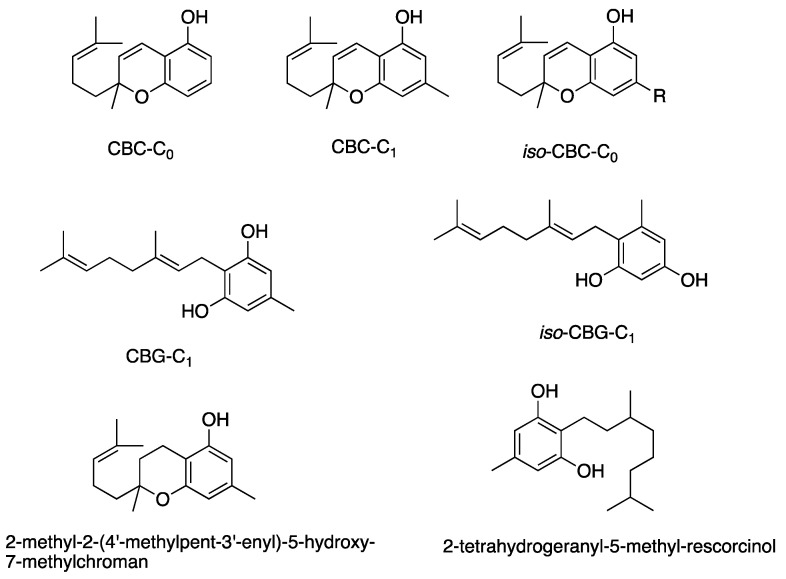 Structures of cannabinoids active against S. aureus. The list of abbreviations used in this Figure are given at the end of this article.