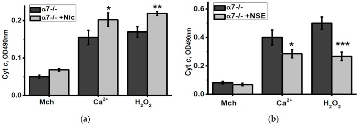 Level of cytochrome c (Cyt c) released from the brain mitochondria of α7-/- mice treated by either nicotine (a) or NSE (b) under the effect of 0.9 µM Ca2+ or 0.5 mM H2O2. Each column corresponds to M ± SD, n-5. * p < 0.05; ** p < 0.005; *** p < 0.0005 compared to non-treated α7-/- mice. Mch—cyt c released from non-treated mitochondria.
