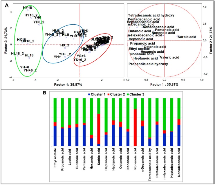 (A) PCA of cases and variables on organic acids (p < 0.05); (B) K-means clustering analysis (p < 0.05).