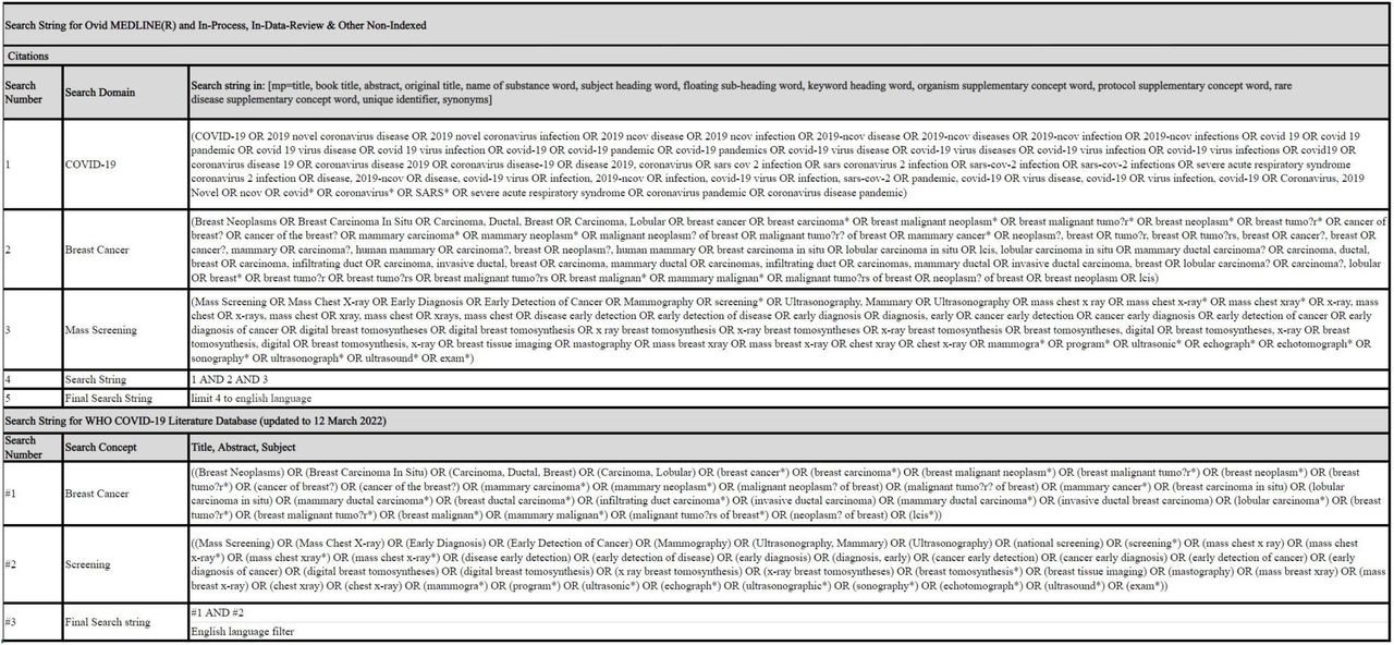 Search strategies for rapid review of breast cancer participation and volume during Covid