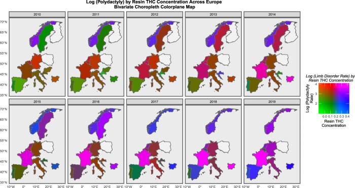 Bivariate colorplane sequential map graph series of log rates of polydactyly anomalies by cannabis resin THC concentration across Europe for studied nations. Relative rates are as described in the colorplane key