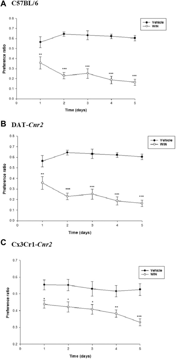 Role of WIN in alcohol preference. WIN significantly reduced alcohol preference in C57 wild type (A), DAT-Cnr2 (B) and Cx3Cr1-Cnr2 (C) mice compared to vehicle treated controls. Values are mean ± SEM (n = 6 in each group). Statistical analysis was done using Repeated Measures Two-way ANOVA test. ***p < 0.001, **p < 0.01, *p < 0.05.