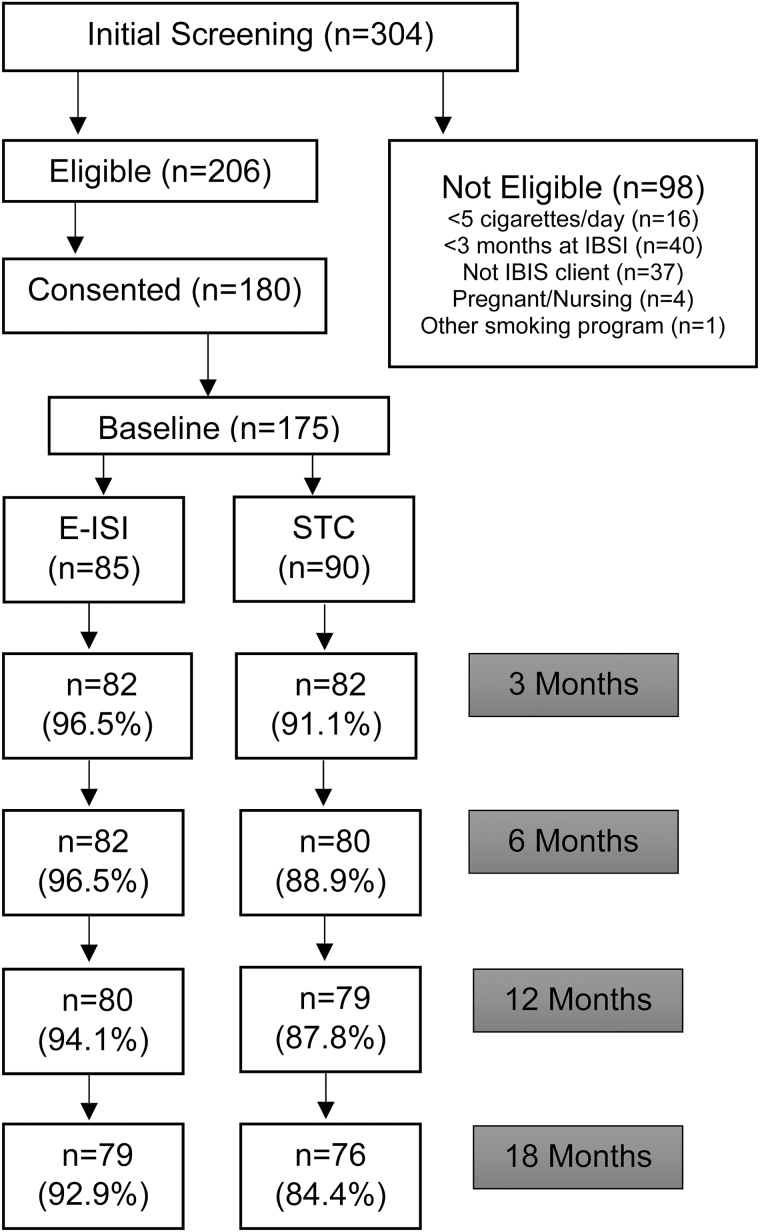 CONSORT chart of participant flow from initial screening to 18-month follow-up.